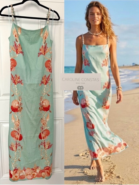 Caroline Constas Dresses & Skirts - Caroline Constas Coral Shell Print Linen Maxi Dress Seashell Straps M Medium